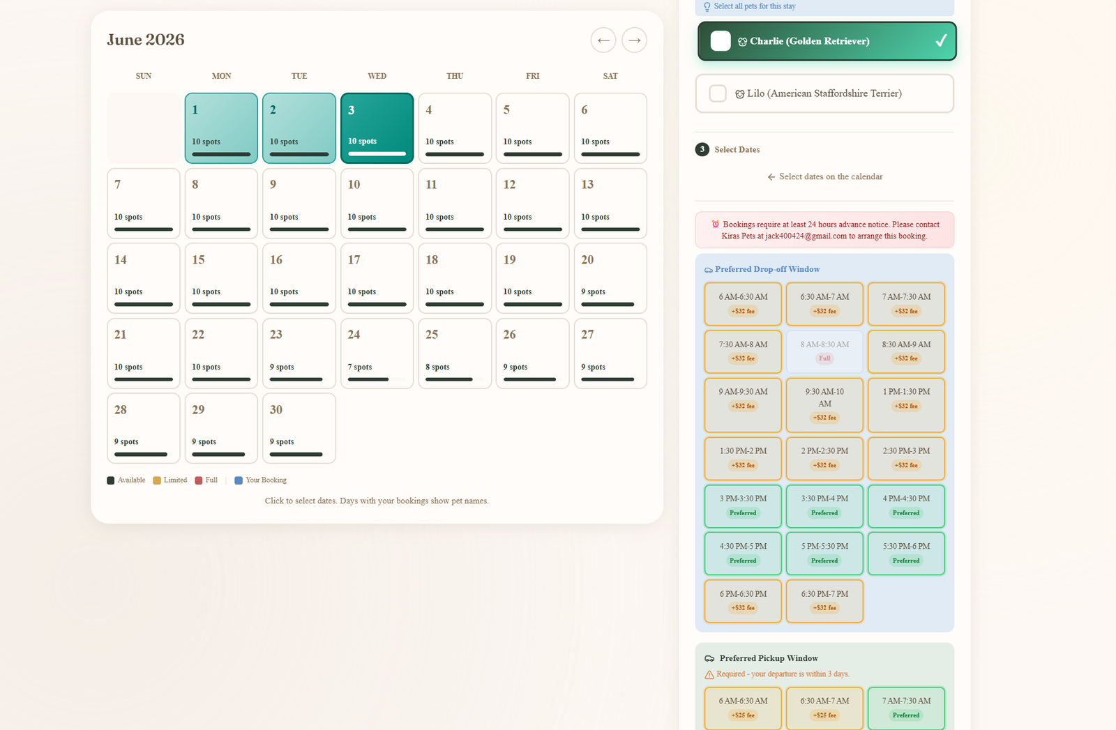 Customer booking view — month calendar on the left with available dates highlighted, pet selector and preferred drop-off and pickup window grids on the right